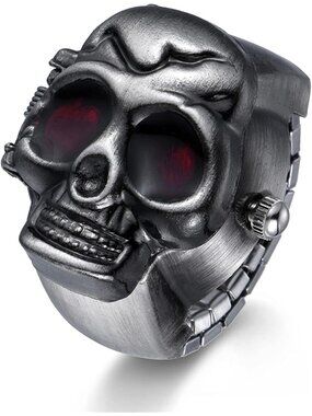 Unisex Black Red Analog Quartz Punk Skull Flip-Open Adjustable Finger Ring Watch